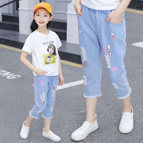 girl's 2019 new medium and large children's holes rainbow burr capri pants loose foreign style jeans and jeans casual fashion, Blue
girl's 2019 new medium and large children's holes rainbow burr capri pants loose foreign style jeans and jeans casual fashion, Blue