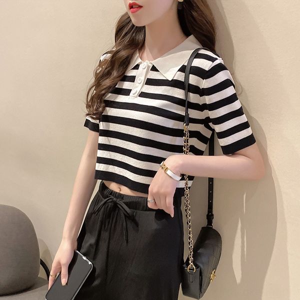 2020 summer new super t-shirt short striped polo collar knitwear thin loose short-sleeved t-shirt women's top, White;black
2020 summer new super t-shirt short striped polo collar knitwear thin loose short-sleeved t-shirt women's top, White;black