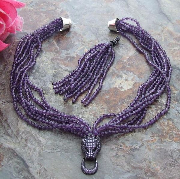 natural 7row purple crystal cz pendant necklace, Silver