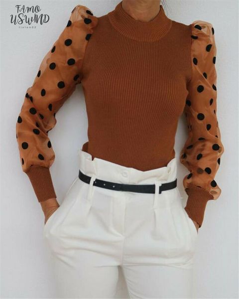 women autumn polka dots sheer mesh shirt puff long sleeve knitted t shirts drop shipping, White
women autumn polka dots sheer mesh shirt puff long sleeve knitted t shirts drop shipping, White