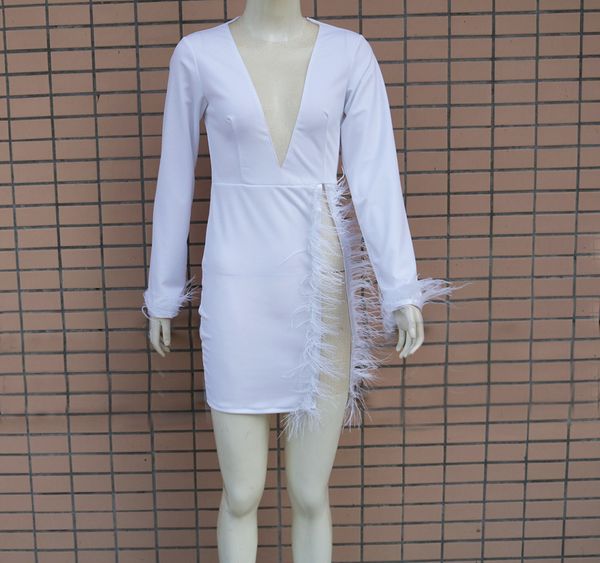 2020 new fashion european and american womens new round neck mesh stitching feather decoration slim dress, White;black
2020 new fashion european and american womens new round neck mesh stitching feather decoration slim dress, White;black
