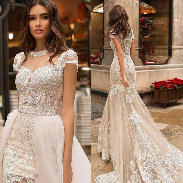 champagne mermaid wedding dresses with detachable train lace applique short sleeves wedding dress bridal gowns vestido de noiva, White
champagne mermaid wedding dresses with detachable train lace applique short sleeves wedding dress bridal gowns vestido de noiva, White