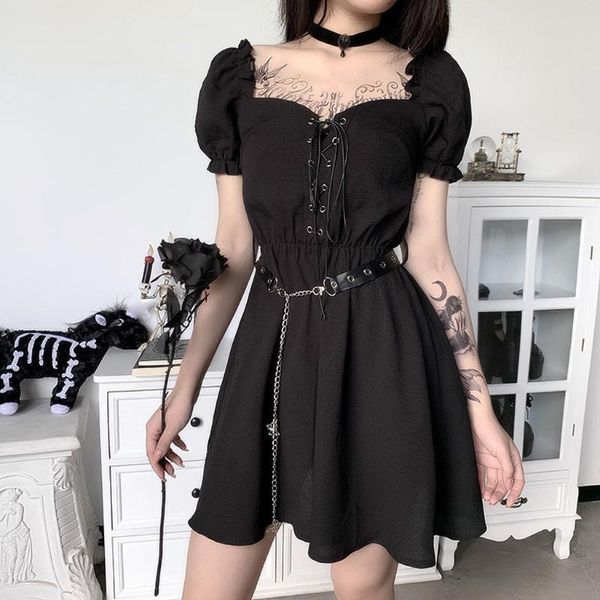 fashion women summer dress square collar punk patchwork short sleeve bandage vintage gothic dress with belt sukienka#g3, Black;gray
fashion women summer dress square collar punk patchwork short sleeve bandage vintage gothic dress with belt sukienka#g3, Black;gray