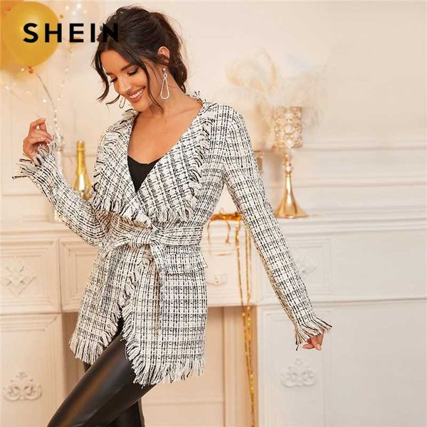 shein black and white waterfall collar tweed wrap elegant coat with beit women 2020 spring long sleeve plaid frayed edge outwear, Black;brown
shein black and white waterfall collar tweed wrap elegant coat with beit women 2020 spring long sleeve plaid frayed edge outwear, Black;brown