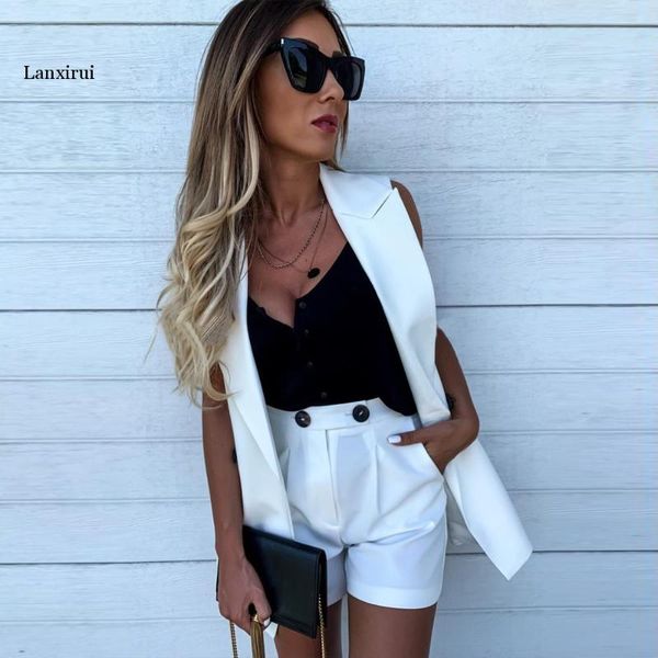 women 2 piece sets blazer sleeveless + shorts pokcets jacket coat office ladies double button short pants vest sets, White
women 2 piece sets blazer sleeveless + shorts pokcets jacket coat office ladies double button short pants vest sets, White