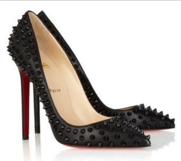 brand red bottom shoes woman summer rivet sandals high-heeled wedding shoes pointed toe fashion spikes single high heel 12/10/8cm, Black
