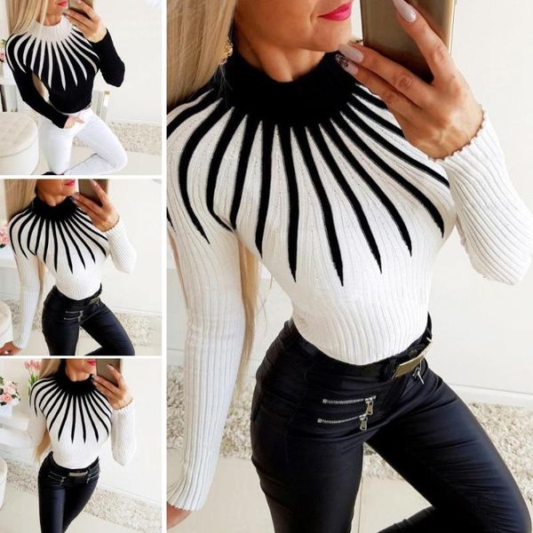 women fashion color block long sleeve mock neck slim knitted pullover sweater, White;black
women fashion color block long sleeve mock neck slim knitted pullover sweater, White;black