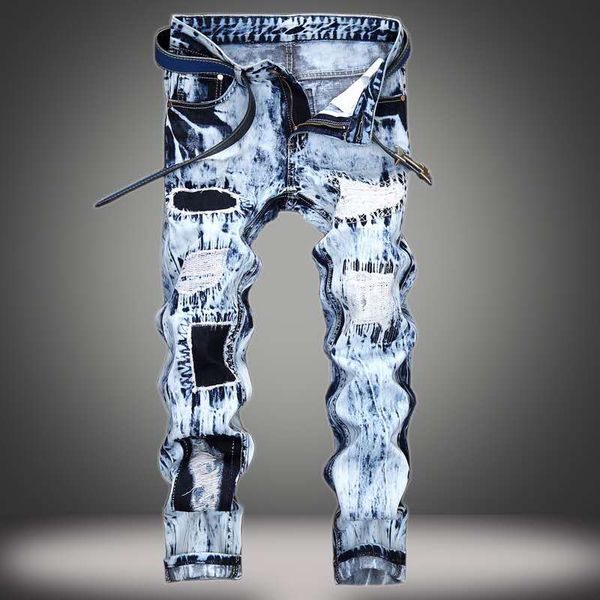 new embroidered hole patch color matching trend straight pants, high street motorcycle pants men, slim personality casual designer jeans, Blue
new embroidered hole patch color matching trend straight pants, high street motorcycle pants men, slim personality casual designer jeans, Blue