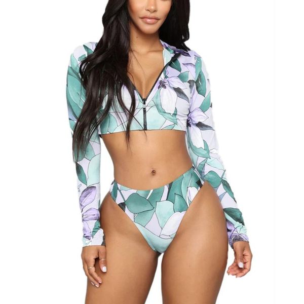 women split long sleeve print swimwear set long sleeve zip-up crop uv protection swimsuit set, White;black
women split long sleeve print swimwear set long sleeve zip-up crop uv protection swimsuit set, White;black