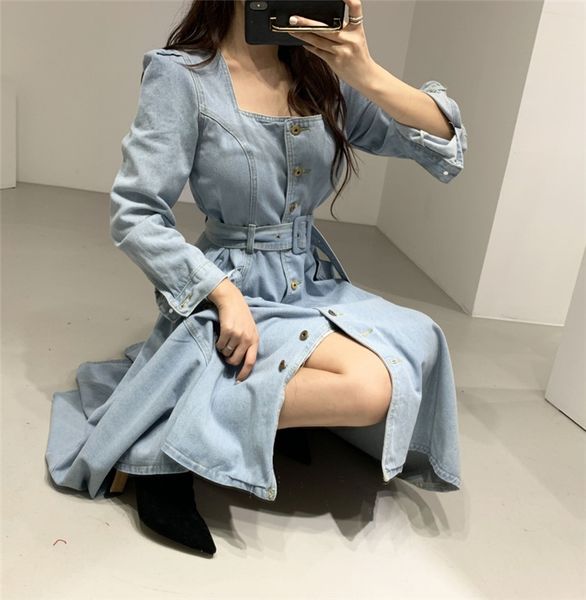women denim dresses spring autumn mid-calf casual sashes square collar single breasted pockets dress for women, Black;gray
women denim dresses spring autumn mid-calf casual sashes square collar single breasted pockets dress for women, Black;gray