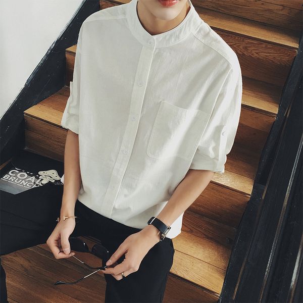 men's cropped shirt short-sleeved fashion student hipster cotton and linen shirt summer casual slim fit stand collar shirts, White;black
men's cropped shirt short-sleeved fashion student hipster cotton and linen shirt summer casual slim fit stand collar shirts, White;black