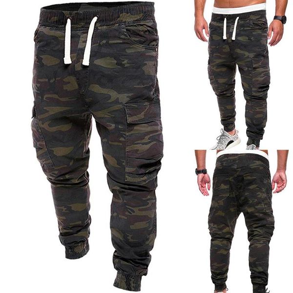 plus size men camouflage print trousers multi pockets cargo jog pants, Black