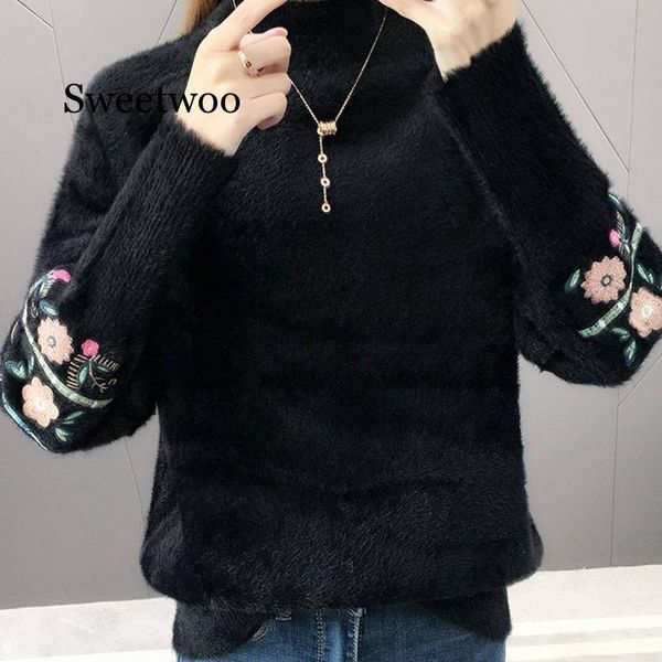 turtleneck sweater cashmere winter clothes women embroidered clack flower long sleeves water velvet warm pullover sweater, White;black
turtleneck sweater cashmere winter clothes women embroidered clack flower long sleeves water velvet warm pullover sweater, White;black