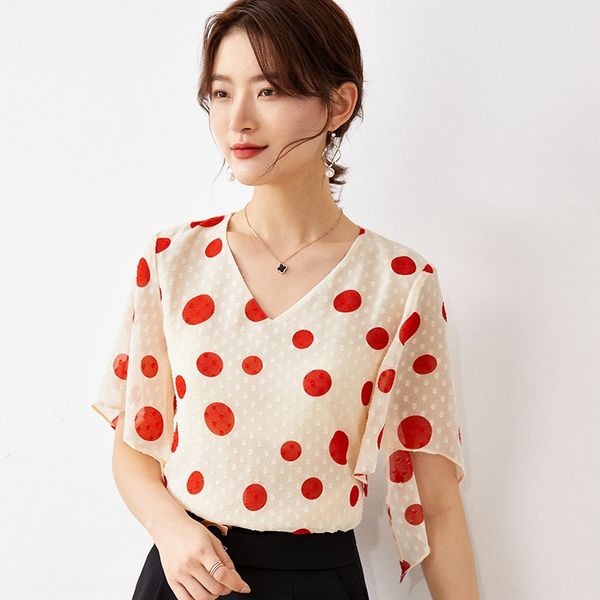 2020 new fashion women's contrast color v-neck polka dot jacquard shirtshirt shirtjacquard short sleeve chiffon shirt for women, White
2020 new fashion women's contrast color v-neck polka dot jacquard shirtshirt shirtjacquard short sleeve chiffon shirt for women, White