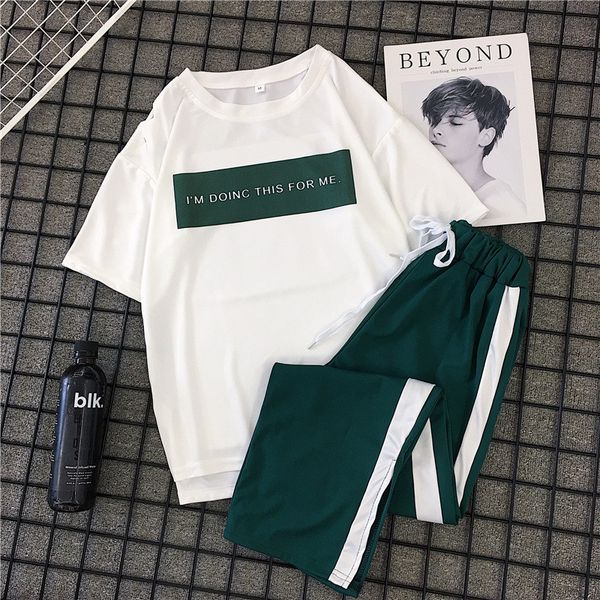 2 piece outfits for women letter casual t shirt long striped long pants elastic high waist sport streetwear plus size summer set, White
2 piece outfits for women letter casual t shirt long striped long pants elastic high waist sport streetwear plus size summer set, White
