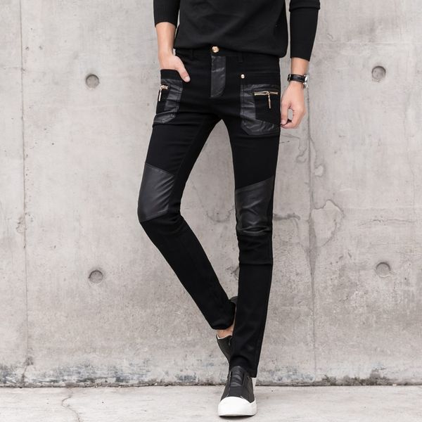 fashion men's pant faux leather jeans spliced denim trousers male stretch slim fit punk stage singer motorcycle casual pants men, Black
fashion men's pant faux leather jeans spliced denim trousers male stretch slim fit punk stage singer motorcycle casual pants men, Black