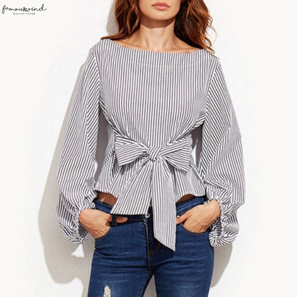 white office lady elegant striped print scoop neck long sleeve blouse 2020 new autumn workwear women and blouses