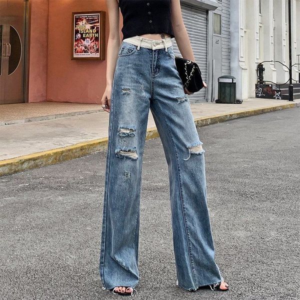 women's jeans 2021 summer high waist fashion loose hole denim long pants casual vintage wide leg vertical thin trousers z160, Blue
women's jeans 2021 summer high waist fashion loose hole denim long pants casual vintage wide leg vertical thin trousers z160, Blue