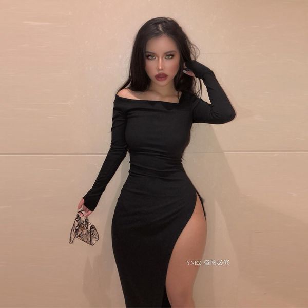 women slash neck long sleeve maxi dress 2019 winter side split bodycon robe birthday party night cute dresses, Black;gray
women slash neck long sleeve maxi dress 2019 winter side split bodycon robe birthday party night cute dresses, Black;gray