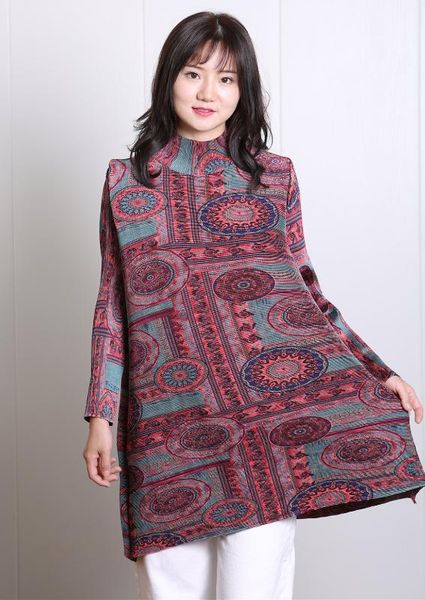 pleated women's dress loose printed fashion high collar fashion shirts, White