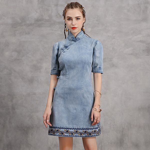 party dresses original women's 2021 summer sweet and improved fashion denim cheongsam retro embroidery slim short dress, White;black
party dresses original women's 2021 summer sweet and improved fashion denim cheongsam retro embroidery slim short dress, White;black