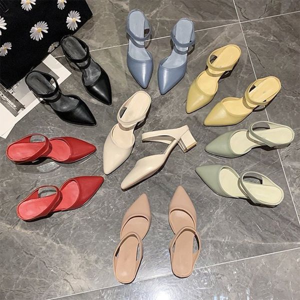 women's slippers summer shoes pu square mid heels slides cover point toe mules shoes female elegant ladies solid slipper 2020, Black