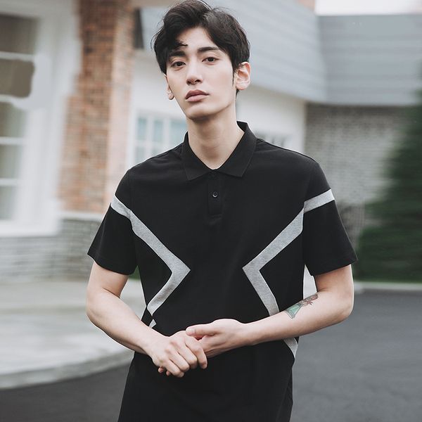 fashion men's tshirt geometric print short sleeved streetwear male lapel shirt button stitching solid color casual top, White;black
fashion men's tshirt geometric print short sleeved streetwear male lapel shirt button stitching solid color casual top, White;black