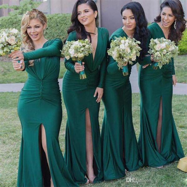 2020 long sleeve green mermaid bridesmaid dresses v neck satin wedding party dress with slit robe demoiselle d'honneur, White
2020 long sleeve green mermaid bridesmaid dresses v neck satin wedding party dress with slit robe demoiselle d'honneur, White