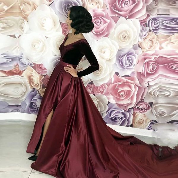 new fashion dark red velvet side split open back evening dresses 2020 satin long sleeves deep v neck prom party dress custom made, Black;red
new fashion dark red velvet side split open back evening dresses 2020 satin long sleeves deep v neck prom party dress custom made, Black;red