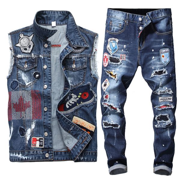 new street style men's two piece sets denim washed blue embroidery stamping vest + patch personality badge hole slim straight jeans set, Gray
new street style men's two piece sets denim washed blue embroidery stamping vest + patch personality badge hole slim straight jeans set, Gray