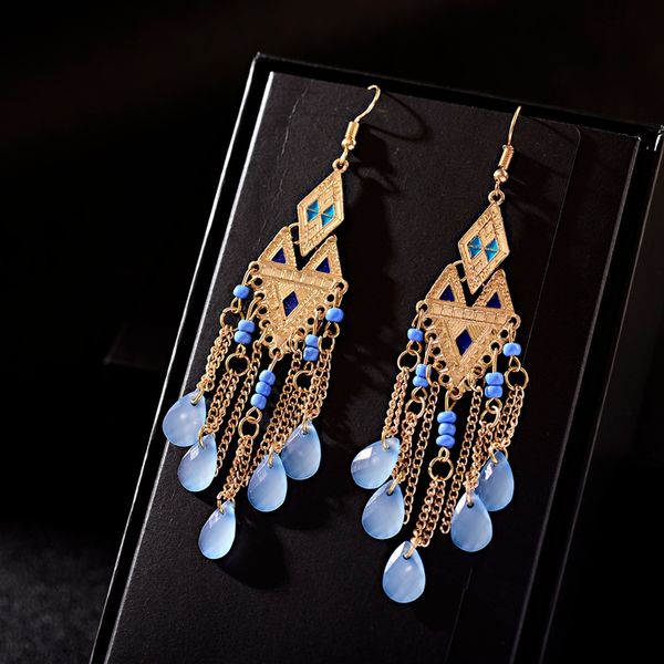 2020 ethnic gold rhombus blue crystal tassel earrings for women bohemia geometric alloy long jhumka dangling earrings, Silver
2020 ethnic gold rhombus blue crystal tassel earrings for women bohemia geometric alloy long jhumka dangling earrings, Silver