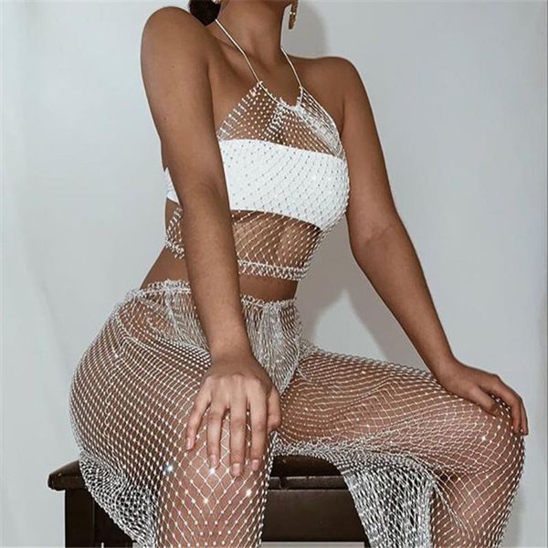 women's ladies fishnet mesh rhinestone sling crop +long trousers summer diamonds party see-through wrap suit -t1601, White
women's ladies fishnet mesh rhinestone sling crop +long trousers summer diamonds party see-through wrap suit -t1601, White