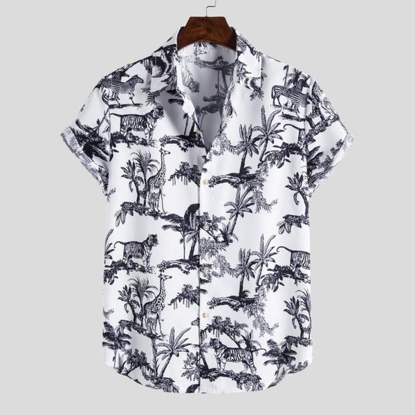 men shirt ethnic style print men casual shirt lapel neck streetwear short sleeve 2020 loose tropical hawaiian camisas, White;black