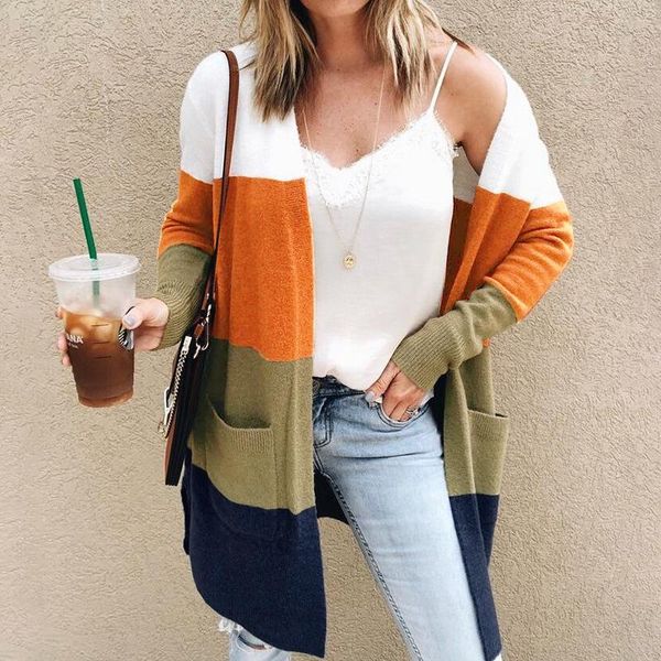 popular sweater womens 2020 foreign trade fashion large pocket coat autumn and winter long striped color matching cardigan, White;black
popular sweater womens 2020 foreign trade fashion large pocket coat autumn and winter long striped color matching cardigan, White;black