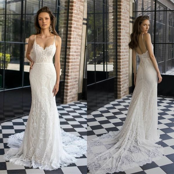 2020 mermaid wedding dresses spaghetti straps appliques lace bridal gowns custom made backless sweep train wedding dress robes de mariée, White 
2020 mermaid wedding dresses spaghetti straps appliques lace bridal gowns custom made backless sweep train wedding dress robes de mariée, White