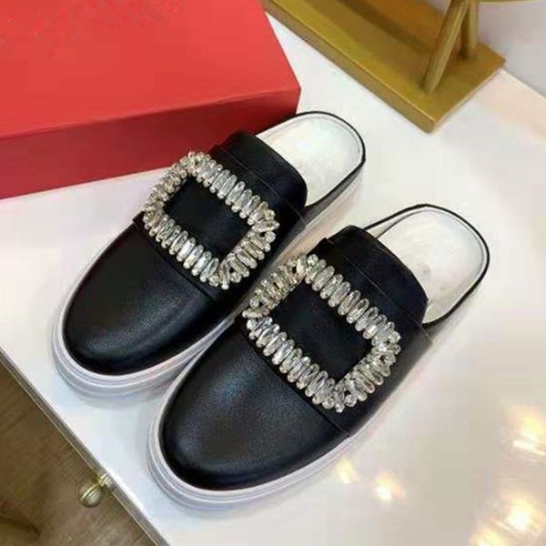 luxury design crystal women causual shoes geniune leather slip on slippers black white outdoor slids party dress shoes loafers