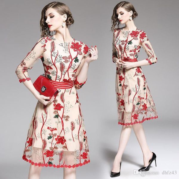 spring and autumn new women's 3/4 sleeves round neck lace mesh embroidery flowers party dress, White;black
spring and autumn new women's 3/4 sleeves round neck lace mesh embroidery flowers party dress, White;black