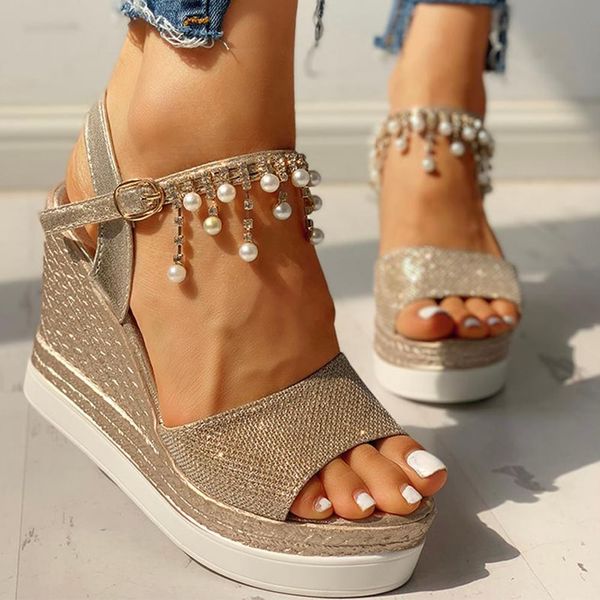 new rhinestone beads sandals women high heels leisure platform fashion chains summer sandals women's wedges shoes female, Black
new rhinestone beads sandals women high heels leisure platform fashion chains summer sandals women's wedges shoes female, Black