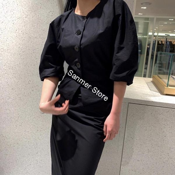 100% cotton women's shirt black half puff sleeve o-neck curved slim lady single breasted short blouse, White
100% cotton women's shirt black half puff sleeve o-neck curved slim lady single breasted short blouse, White