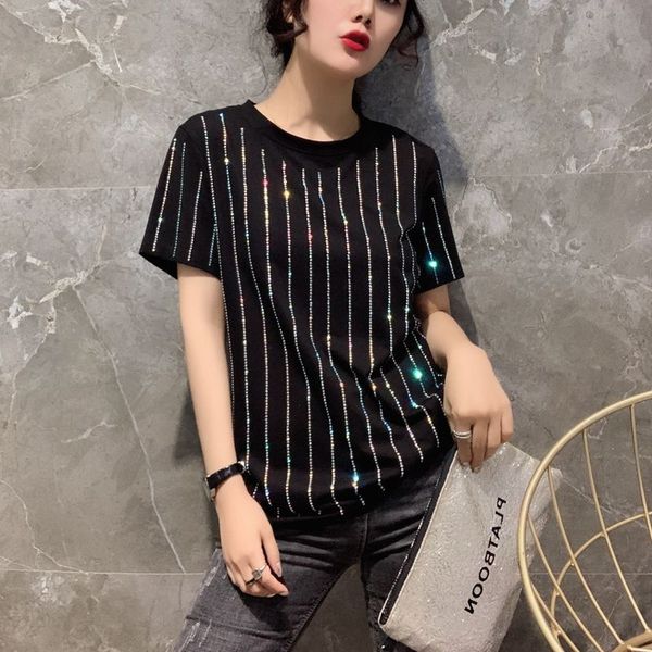 cleto 2020 summer t-shirt diamond new cotton heavy industry diamond short-sleeved t-shirt women's loose rhinestone shiny half sleeve, White
cleto 2020 summer t-shirt diamond new cotton heavy industry diamond short-sleeved t-shirt women's loose rhinestone shiny half sleeve, White