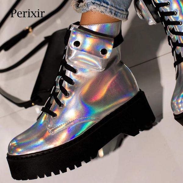 lace-up ankle biker boot in holographic silver pu leather flat ankle rubber boots with cargo pocket winter platform boots women, Black
lace-up ankle biker boot in holographic silver pu leather flat ankle rubber boots with cargo pocket winter platform boots women, Black