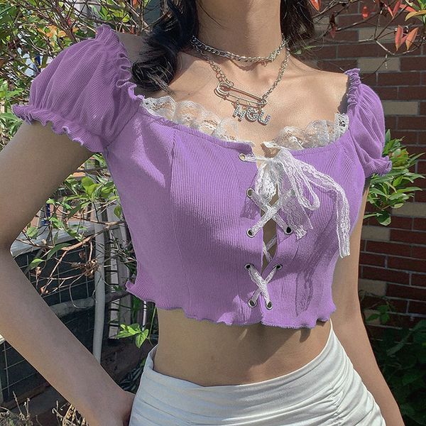 e-girl style sweet summer crop tee for women y2k lace bandage blue or purple t-shirts ruffles skinny backless top, White
e-girl style sweet summer crop tee for women y2k lace bandage blue or purple t-shirts ruffles skinny backless top, White