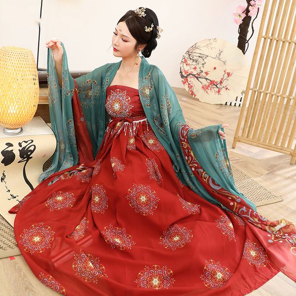 hanfu dress female chinese style original tang dynasty ancient traditional folk dance costume fairy embroidery hanfu suit dl6383, Black;red