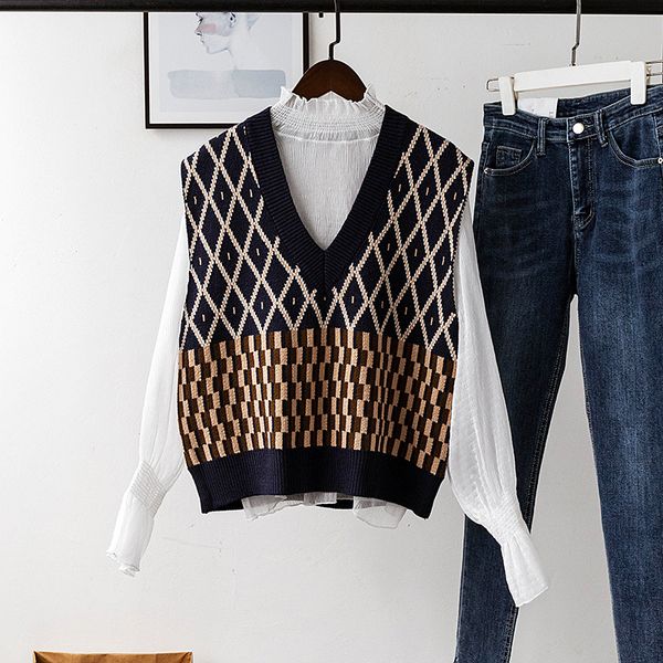 retro vest sweater women's 2020 new autumn winter korean geometric v-neck knit vest female, Black;white
retro vest sweater women's 2020 new autumn winter korean geometric v-neck knit vest female, Black;white