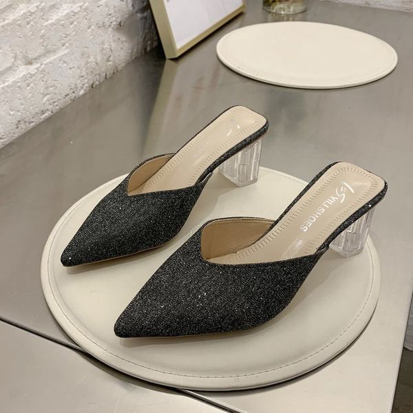 2020 summer new wild baotou sandals and slippers sequin cloth transparent thick heel pointed high heels women pump, Black
2020 summer new wild baotou sandals and slippers sequin cloth transparent thick heel pointed high heels women pump, Black