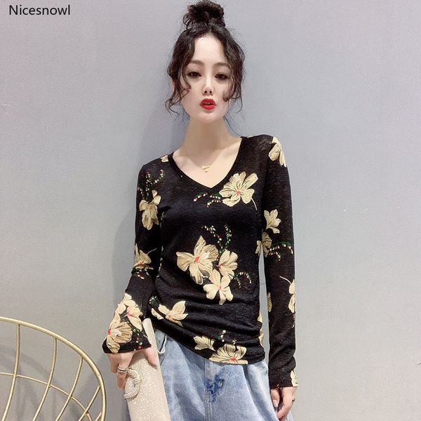 women's t-shirt spring autumn long-sleeved new flower printing slim v-neck t-shirt street bottoming shirts woman pl002, White
women's t-shirt spring autumn long-sleeved new flower printing slim v-neck t-shirt street bottoming shirts woman pl002, White