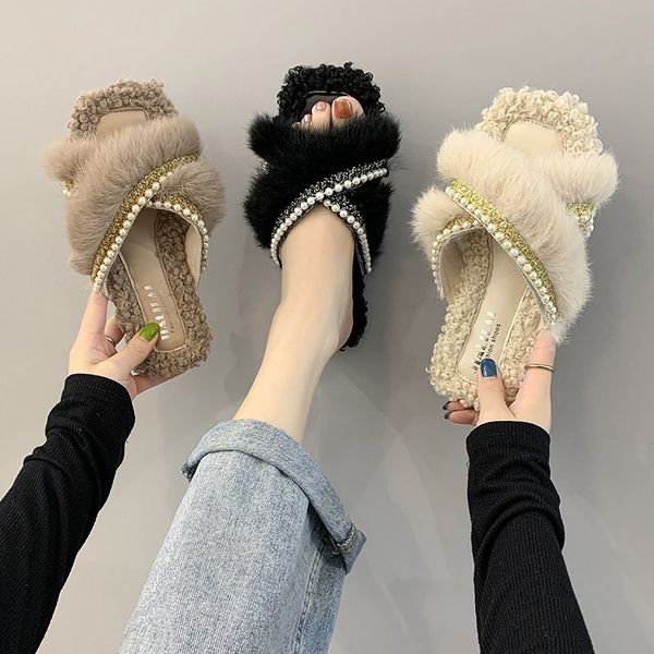 fur shoes ladies' slippers string bead luxury slides plush flat designer fashion rome basic cotton fabric with fur short, Black
fur shoes ladies' slippers string bead luxury slides plush flat designer fashion rome basic cotton fabric with fur short, Black