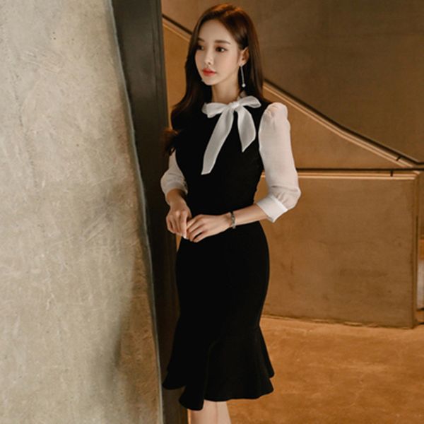 2020 spring summer women fashion o-collar bow stitching seven-point sleeve temperament elegant tight fishtail dress, Black;gray
2020 spring summer women fashion o-collar bow stitching seven-point sleeve temperament elegant tight fishtail dress, Black;gray