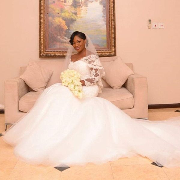 2021 african mermaid wedding dresses 3/4 sleeves lace appliques sweep train ivory bridal gowns plus size robe de mariee australia wear, White
2021 african mermaid wedding dresses 3/4 sleeves lace appliques sweep train ivory bridal gowns plus size robe de mariee australia wear, White