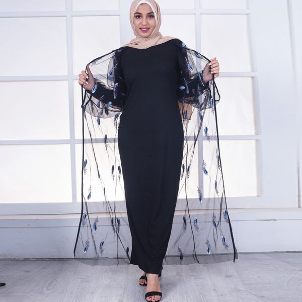 one plus size 2019 abaya kimono muslim women long embroidery patchwork mesh cardigan chiffon blouse turkish islamic clothing